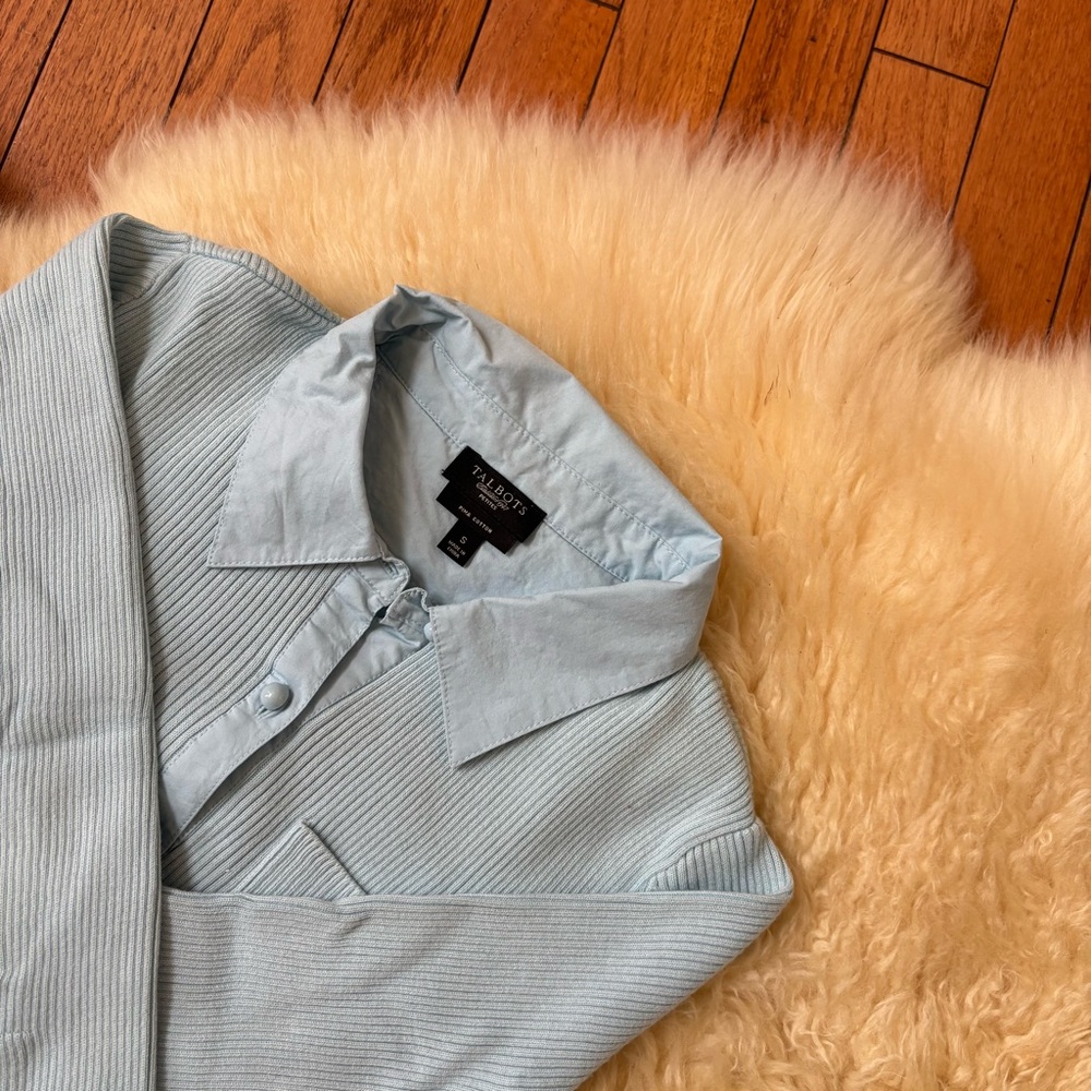 Baby Blue Ribbed Knit Long Sleeve Button Up Top